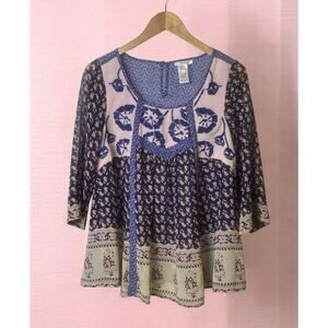 Esley Boho Blue Pink Multi Print Coquette Cottage Blouse Women's Size Small